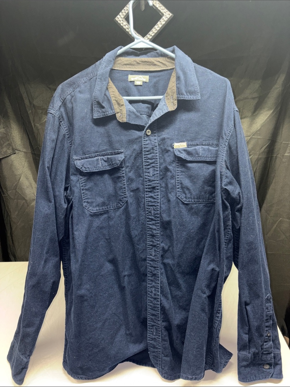 Eddie Bauer Navy Corduroy Shirt Jacket with Tan Trim